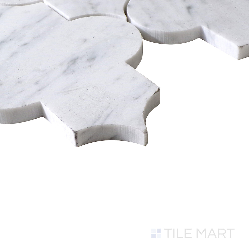 Slanted perspective of Sto-Re Carrara Marrakech Pattern polished marble mosaic, featuring soft white marble with elegant gray veining in a detailed Marrakech pattern.  