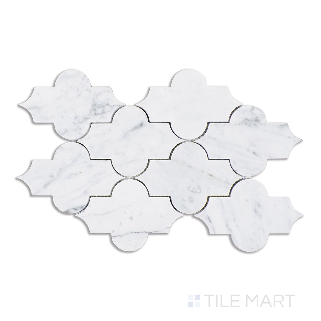 A top-down view of Carrara marble crafted into an intricate Marrakech pattern, featuring a pristine white base with delicate gray veining, accentuated by a glossy polished finish.