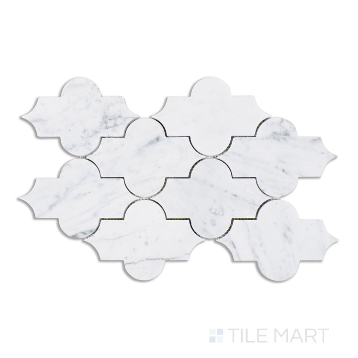 A top-down view of Carrara marble crafted into an intricate Marrakech pattern, featuring a pristine white base with delicate gray veining, accentuated by a glossy polished finish.