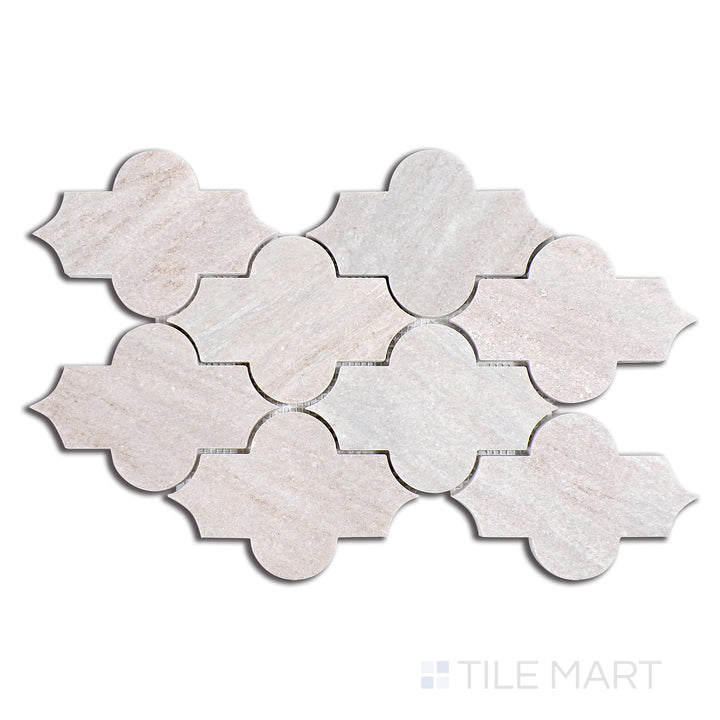 An overhead perspective of Ocean White marble arranged in an elegant Marrakech-inspired design, blending cool white hues with subtle gray waves for a luxurious polished effect.