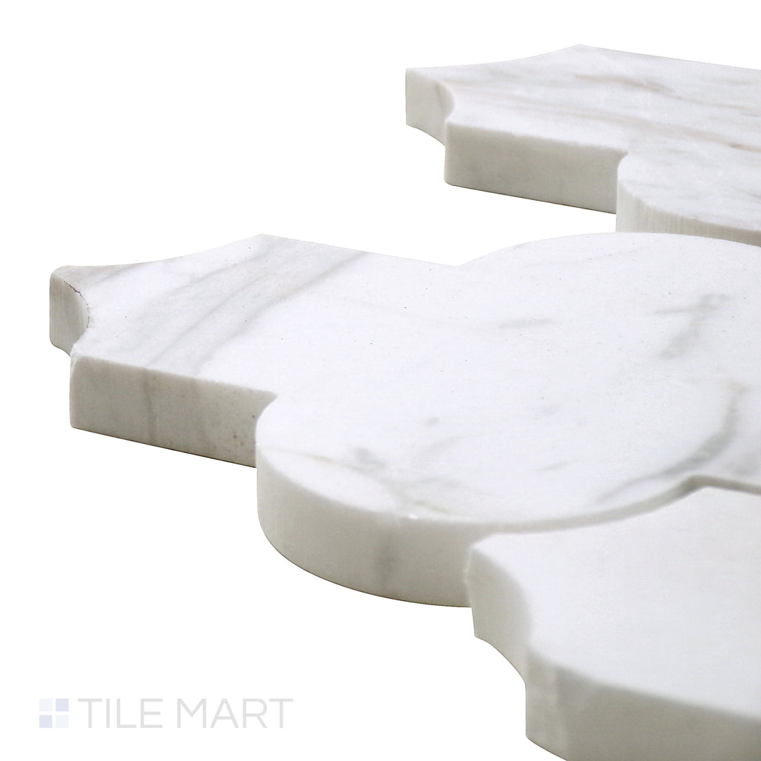 Corner-focused shot of Sto-Re Volakas Marrakech Pattern Polished Marble Mosaic, showcasing its graceful gray veining in a Moroccan-inspired polished design.