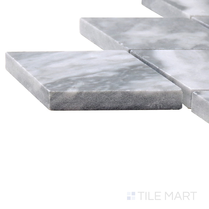 Corner angle of Sto-Re Bardiglio Rhomboid Polished Marble Mosaic, featuring its deep gray marble arranged in a striking rhomboid pattern.