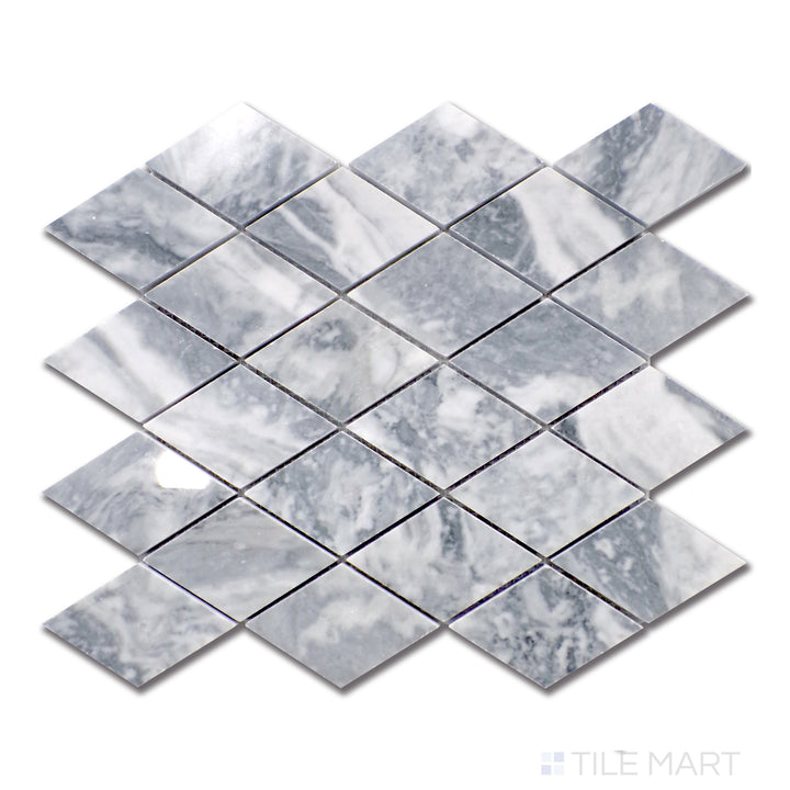 A sleek top-down display of Bardiglio marble cut into a sophisticated rhomboid formation, featuring rich gray shades with natural tonal shifts, polished for a striking effect.