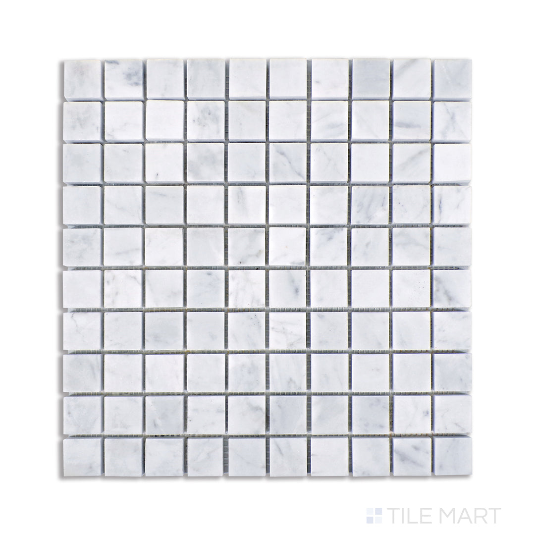 A refined aerial look at Carrara marble tiles in a compact 1-1/8