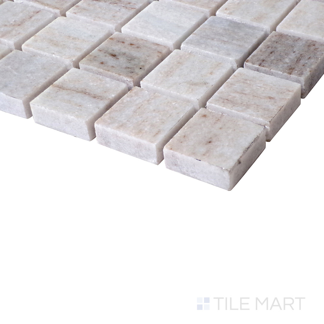 Angled shot of Sto-Re Ocean White 1-1/8" Square polished marble mosaic, featuring clean white tones, smooth polished texture, and a balanced square layout.  