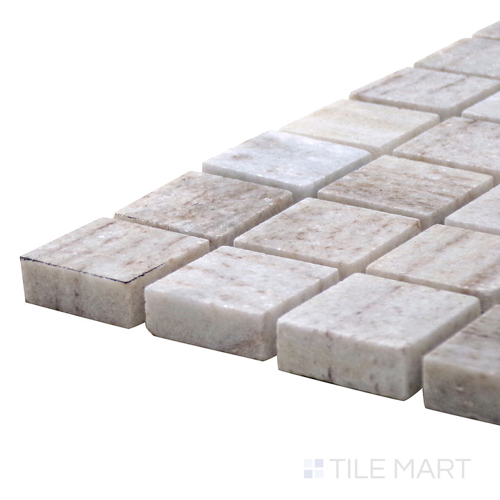 Side view of Sto-Re Ocean White 1-1/8" Square Polished Marble Mosaic, capturing its subtle off-white tones with a smooth, glossy surface.