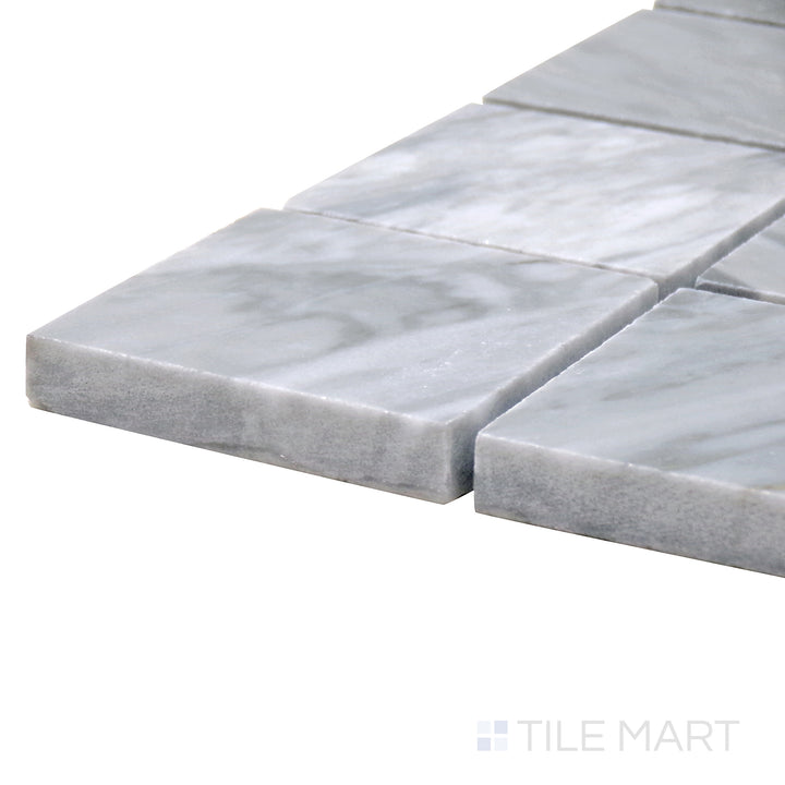 Corner shot of Sto-Re Bardiglio 2.25" Square Polished Marble Mosaic, highlighting its bold gray tones in a smooth, polished square arrangement.