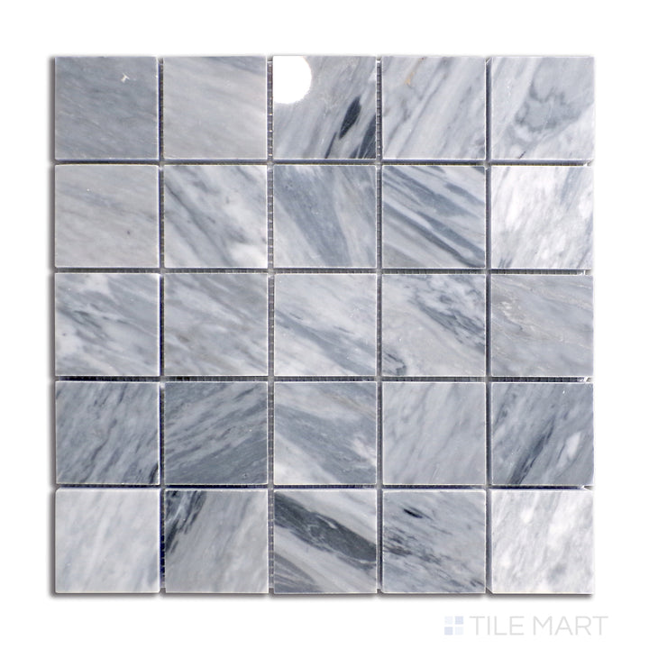 A clean aerial view of Bardiglio marble presented in a refined 2.25" square grid, emphasizing rich gray depth and organic veining with a lustrous polished sheen.