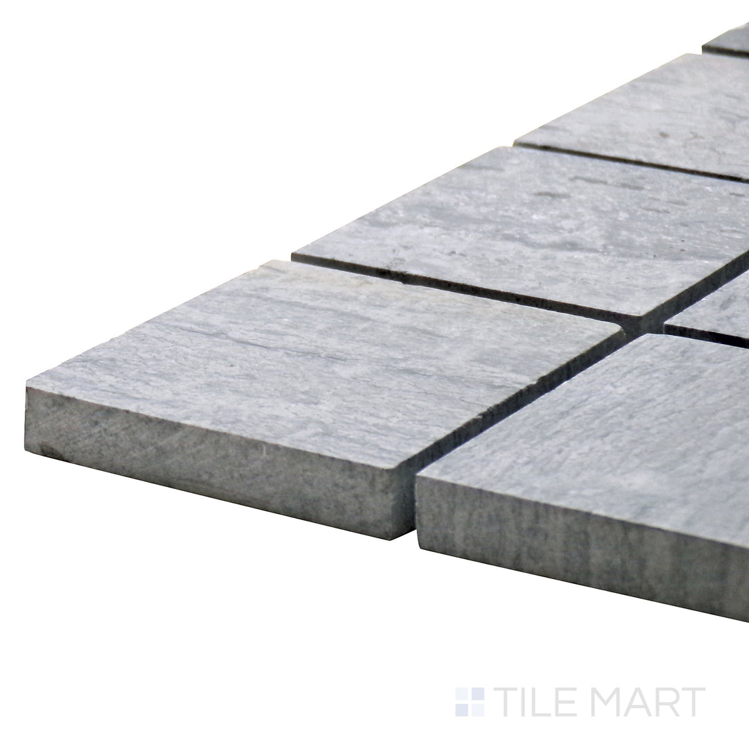 Detailed corner shot of Sto-Re Wooden Blue 2.25" Square Polished Marble Mosaic, emphasizing its blue-gray tones with a sleek square layout.