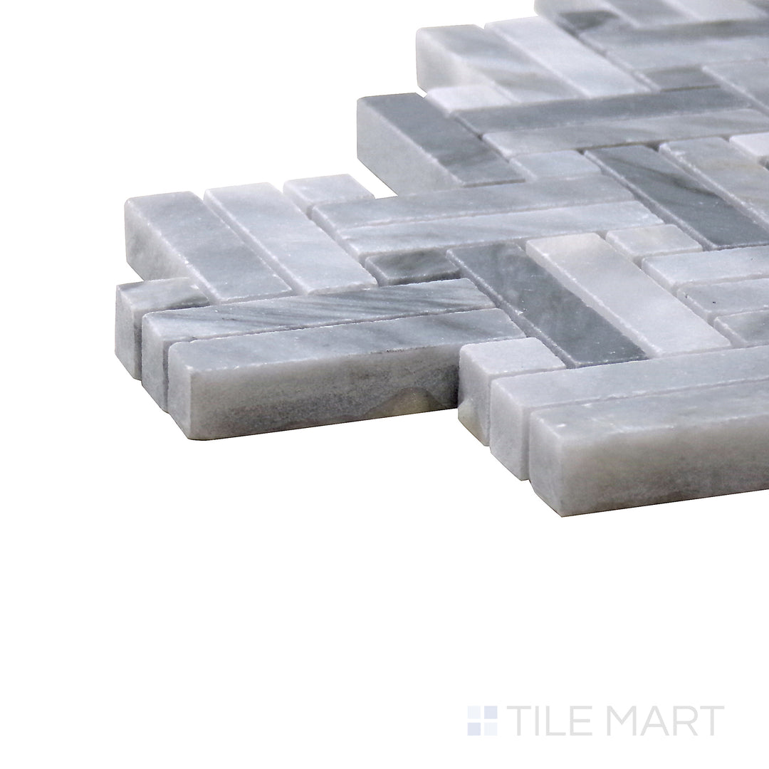 Corner shot of Sto-Re Bardiglio W/ Bardiglio Dot Stanza Polished Marble Mosaic, showcasing its deep gray Bardiglio marble with matching dot accents for a seamless look.