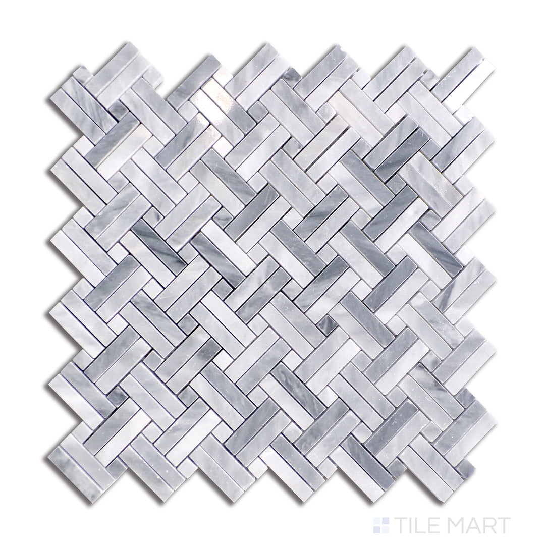 Dark Bardiglio marble dominates this Stanza-style mosaic, with smaller Bardiglio dots punctuating the design for a rhythmic and balanced aesthetic, viewed from a top-down perspective.