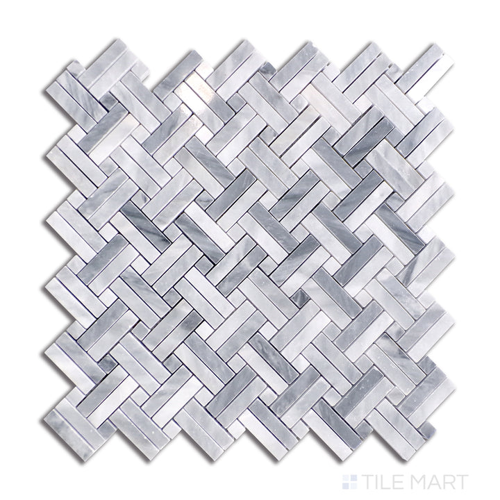 Dark Bardiglio marble dominates this Stanza-style mosaic, with smaller Bardiglio dots punctuating the design for a rhythmic and balanced aesthetic, viewed from a top-down perspective.