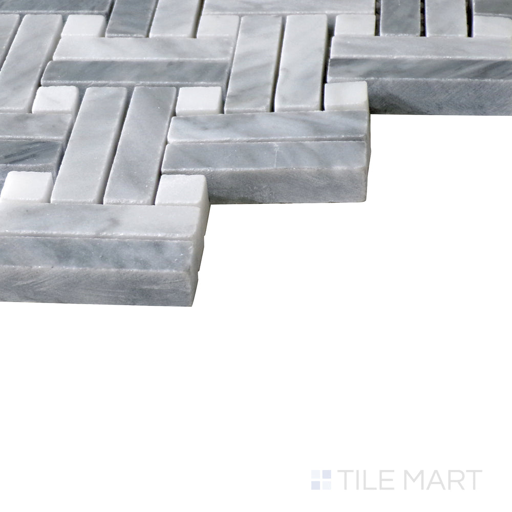 Slanted perspective of Sto-Re Bardiglio with Carrara Dot Stanza polished marble mosaic, featuring a contrast of bold gray and soft white tones in a structured pattern.  