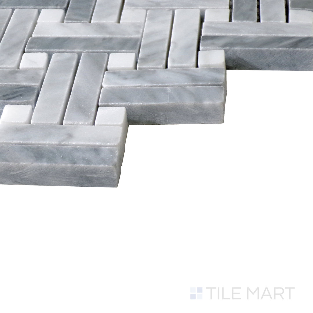 Slanted perspective of Sto-Re Bardiglio with Carrara Dot Stanza polished marble mosaic, featuring a contrast of bold gray and soft white tones in a structured pattern.  