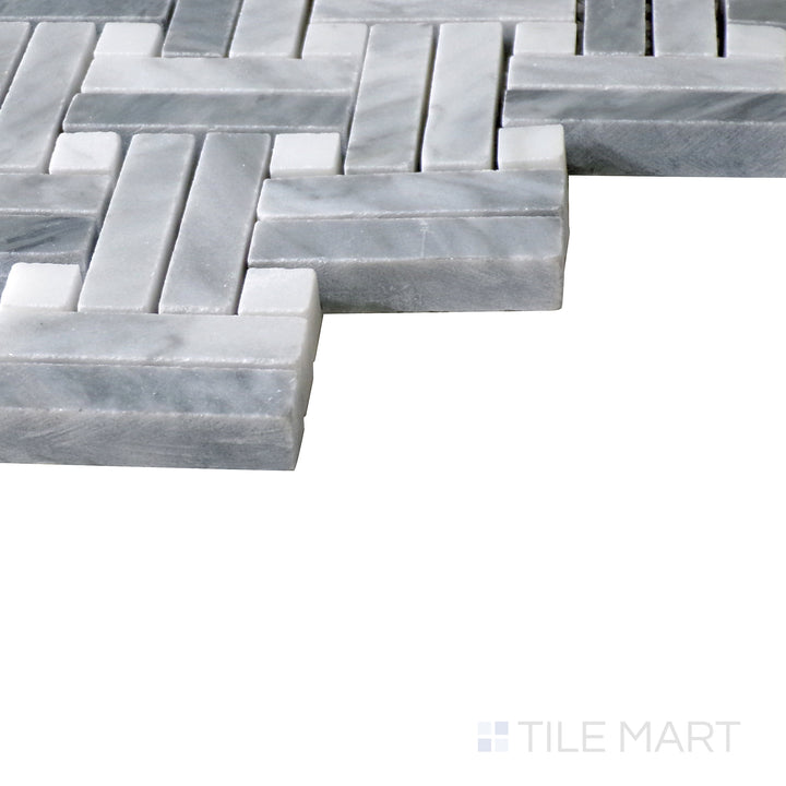 Slanted perspective of Sto-Re Bardiglio with Carrara Dot Stanza polished marble mosaic, featuring a contrast of bold gray and soft white tones in a structured pattern.  