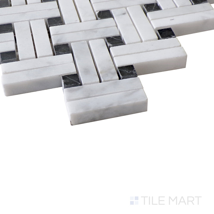 Diagonal view of Sto-Re Carrara with Black Dot Stanza polished marble mosaic, showcasing its classic Carrara base with striking black dot accents and polished surface.  