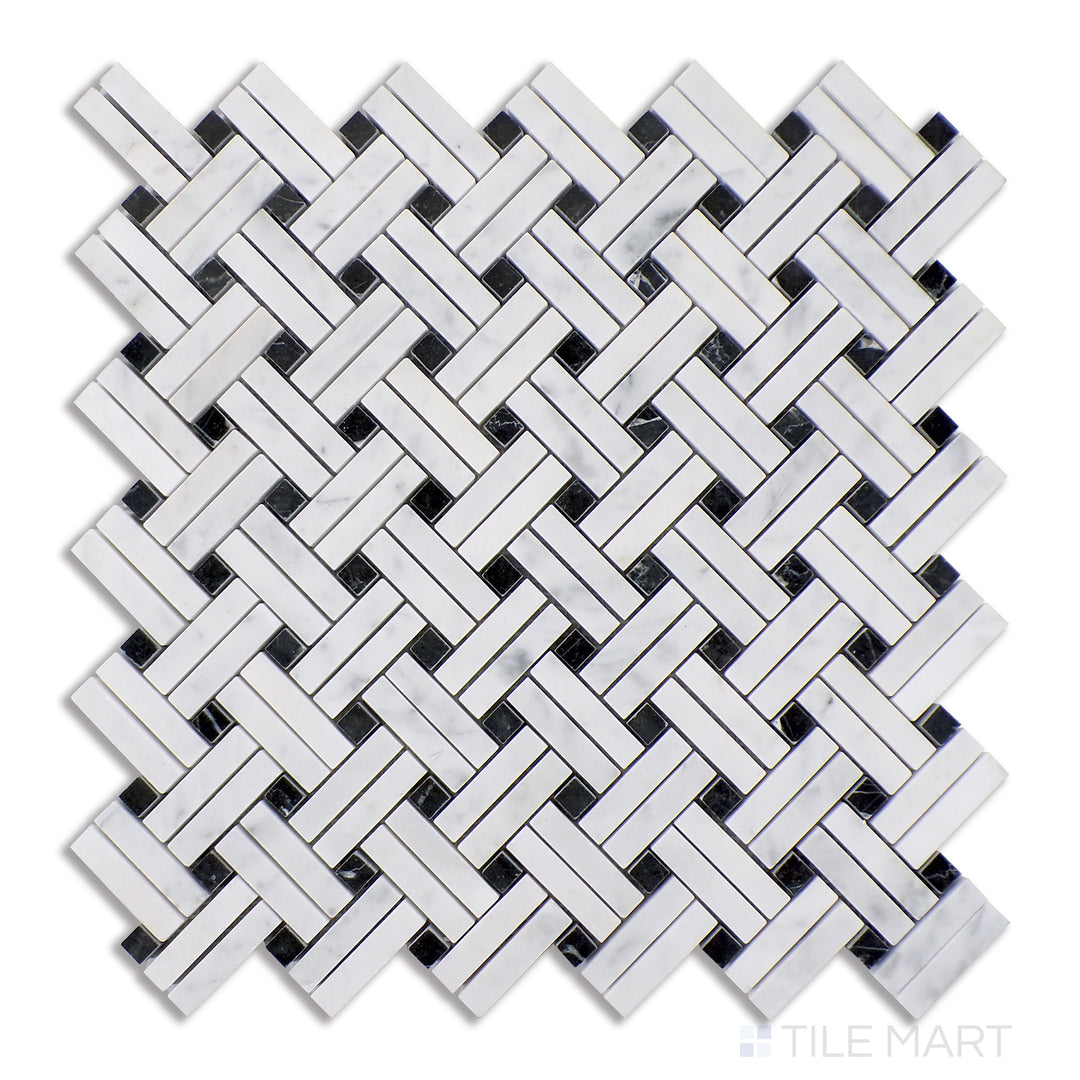 Carrara’s timeless white surface is disrupted by bold black accents, forming a high-contrast Stanza mosaic that highlights geometric precision from an overhead view.