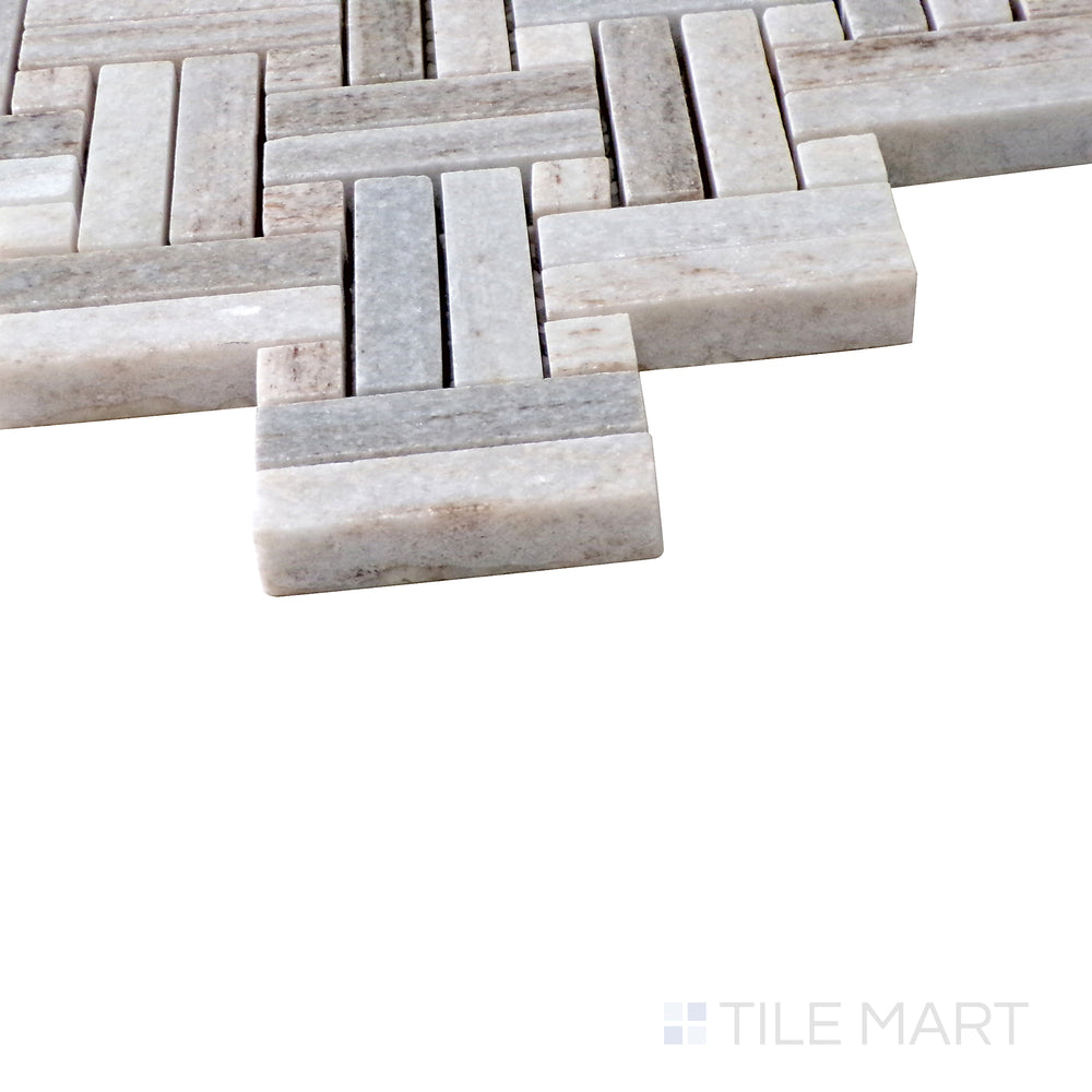 Angled perspective of Sto-Re Ocean White with Ocean White Dot Stanza polished marble mosaic, featuring a harmonious white-on-white design, sleek finish, and geometric accents.  