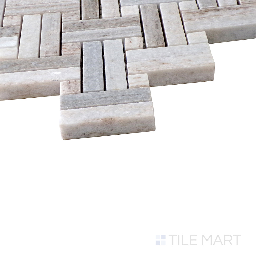 Angled perspective of Sto-Re Ocean White with Ocean White Dot Stanza polished marble mosaic, featuring a harmonious white-on-white design, sleek finish, and geometric accents.  