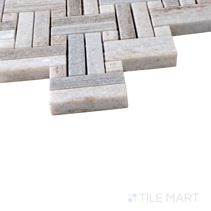 Angled perspective of Sto-Re Ocean White with Ocean White Dot Stanza polished marble mosaic, featuring a harmonious white-on-white design, sleek finish, and geometric accents.  