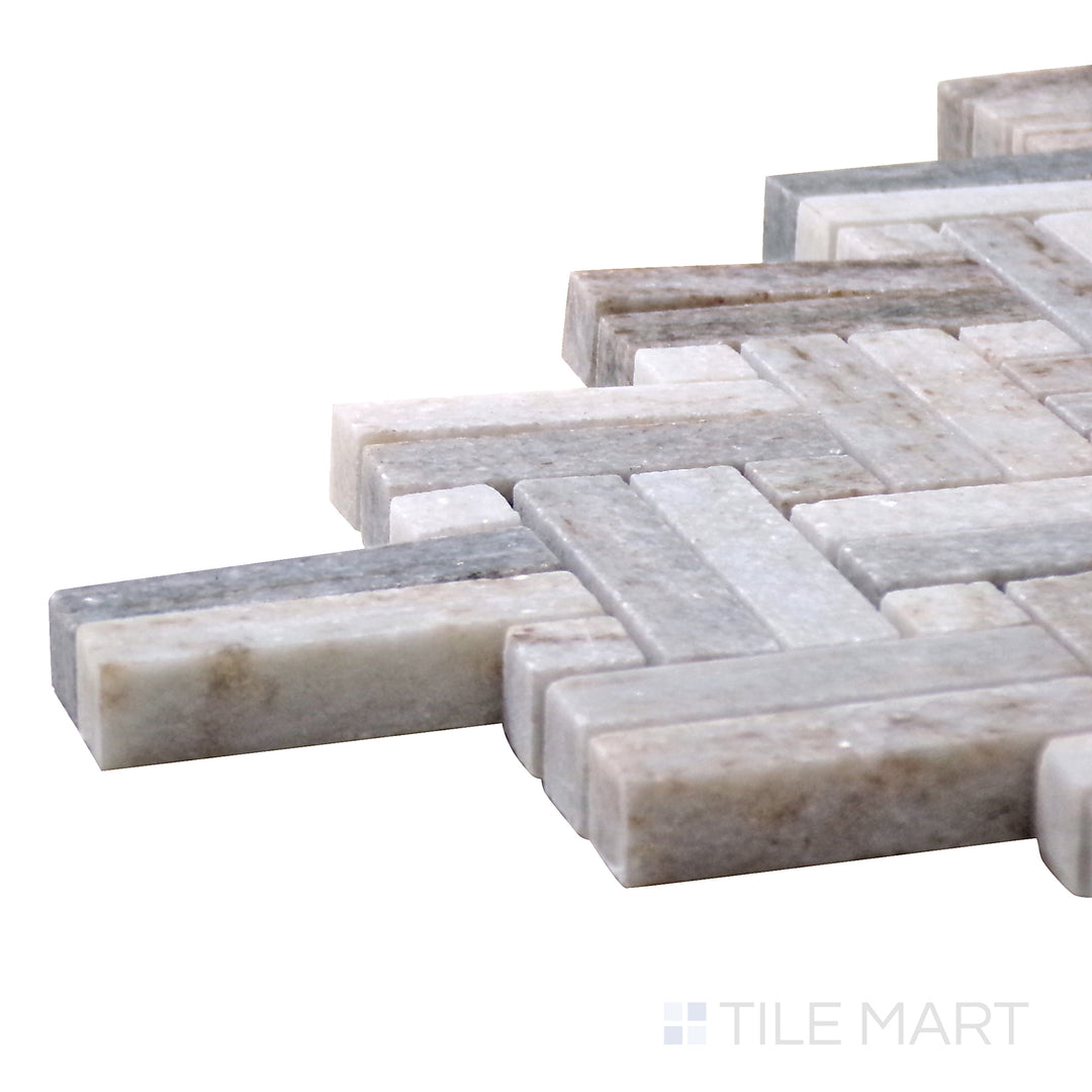 Corner angle of Sto-Re Ocean White W/ Ocean White Dot Stanza Polished Marble Mosaic, emphasizing its soft white marble tones with matching dot embellishments.