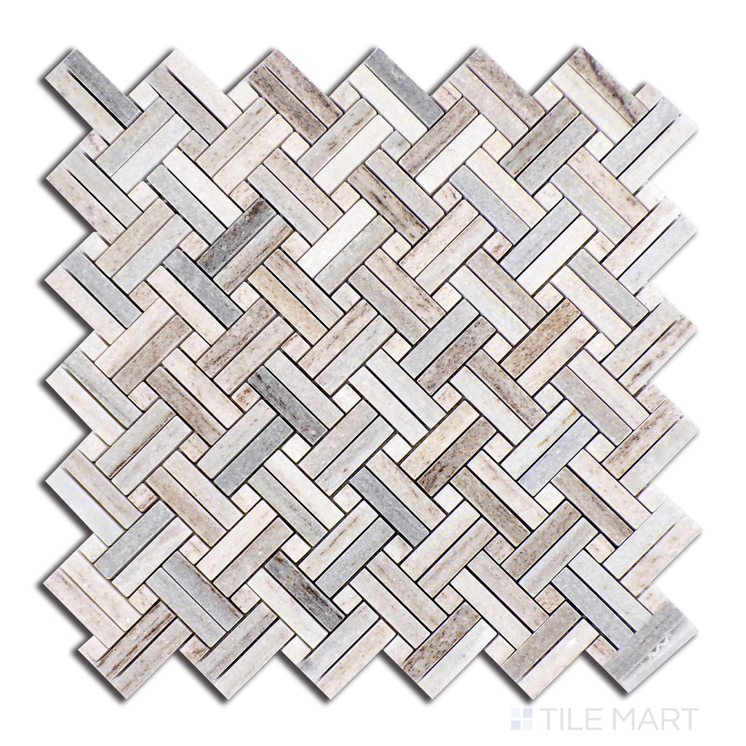 A seamless blend of Ocean White marble with matching dot accents, forming a polished Stanza mosaic, presented in a top-down view to highlight its refined elegance.