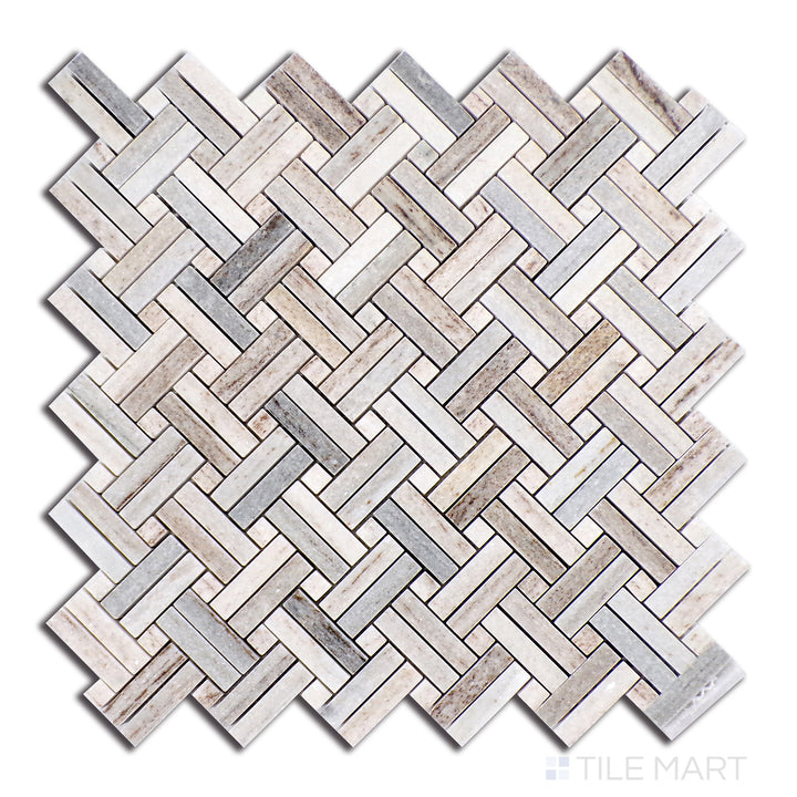 A seamless blend of Ocean White marble with matching dot accents, forming a polished Stanza mosaic, presented in a top-down view to highlight its refined elegance.