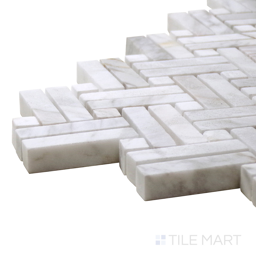 Side perspective of Sto-Re Volakas W/ Volakas Dot Stanza Polished Marble Mosaic, showcasing its subtle gray veining with harmonized dot accents for a refined touch.