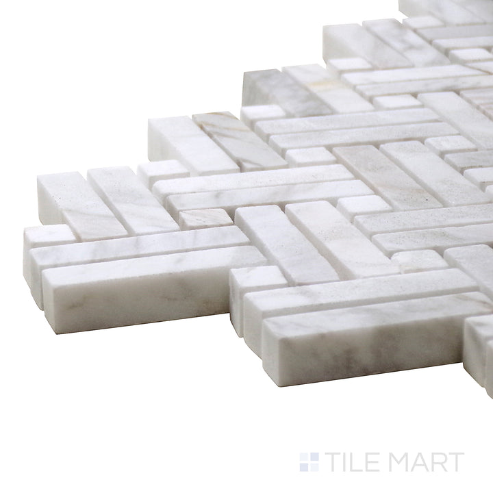 Side perspective of Sto-Re Volakas W/ Volakas Dot Stanza Polished Marble Mosaic, showcasing its subtle gray veining with harmonized dot accents for a refined touch.