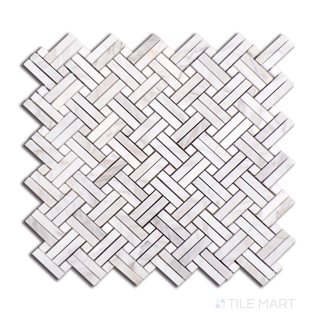 Delicate Volakas marble interspersed with coordinated dot embellishments offers a sophisticated Stanza mosaic, displayed from an overhead perspective.