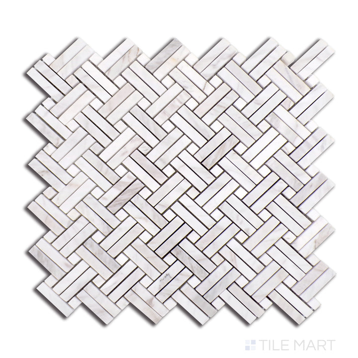 Delicate Volakas marble interspersed with coordinated dot embellishments offers a sophisticated Stanza mosaic, displayed from an overhead perspective.