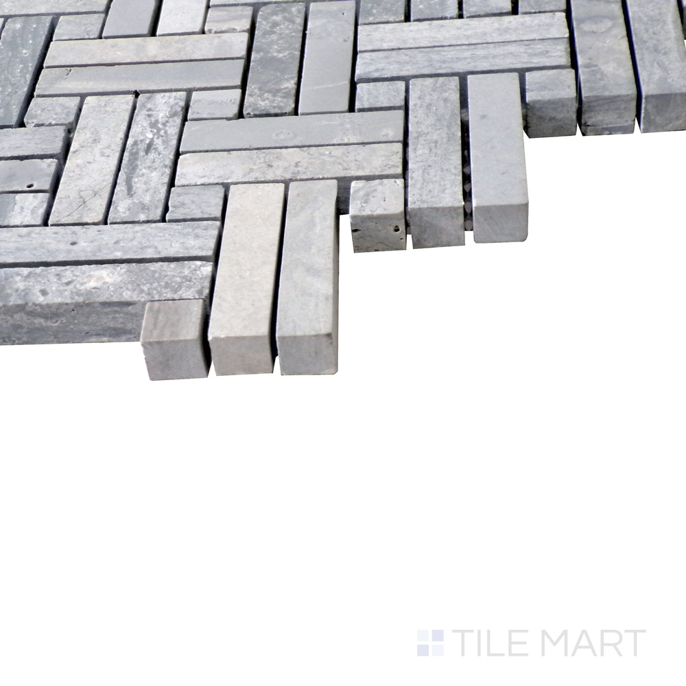 Diagonal angle of Sto-Re Wooden Blue with Wooden Blue Dot Stanza polished marble mosaic, highlighting its rich blue-gray tones, polished surface, and coordinated dot details.  