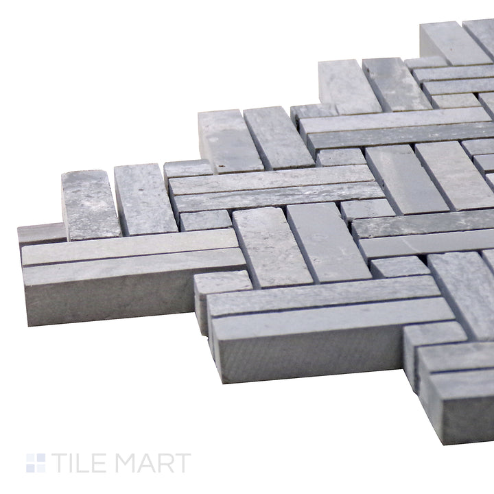 Angled close-up of Sto-Re Wooden Blue W/ Wooden Blue Dot Stanza Polished Marble Mosaic, featuring its unique blue-gray marble with coordinating dot details in a polished finish.