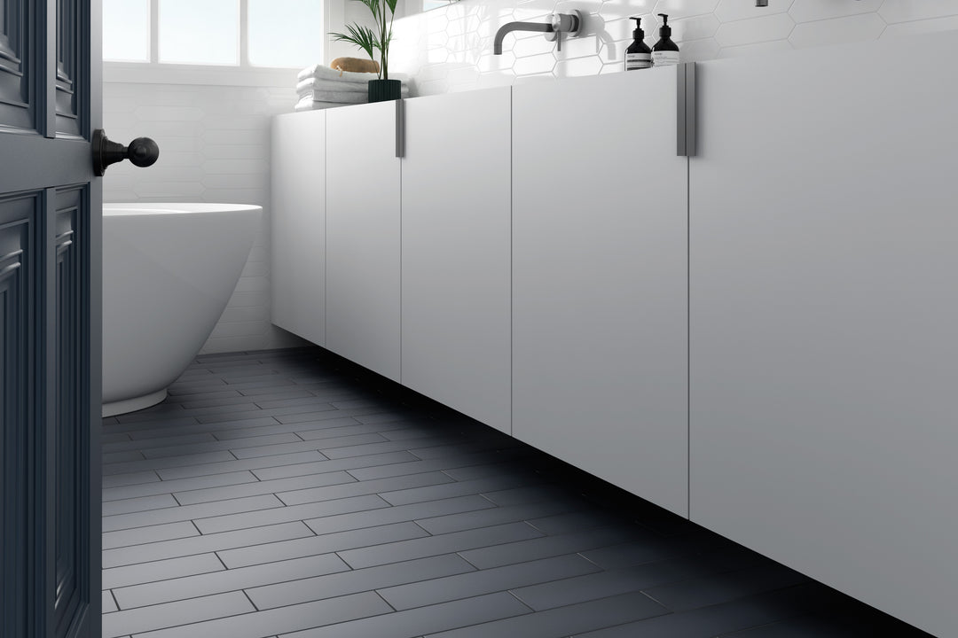 A serene and refreshing interior featuring Stromboli Glassy Blue 3.5X14.5 Matte Porcelain, perfect for a soft, aquatic-inspired touch.