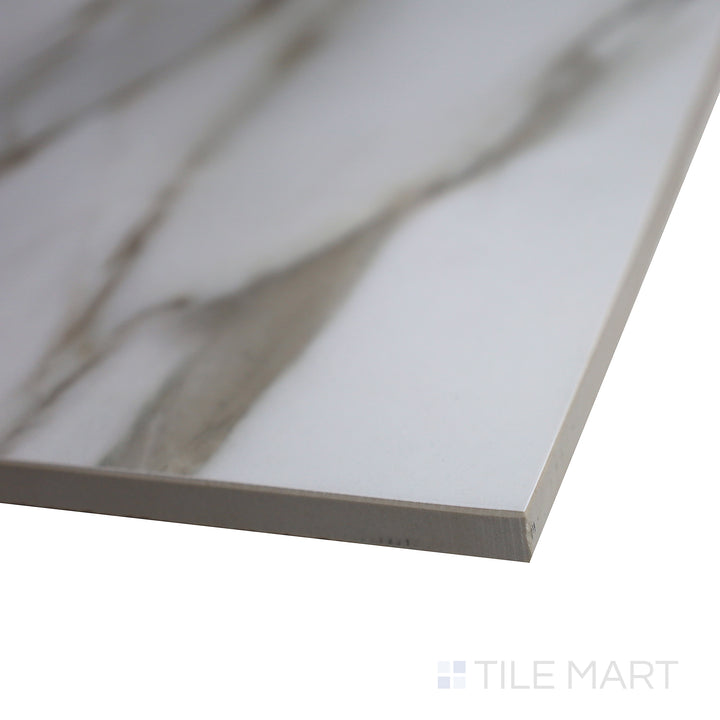 Angled perspective of Supreme Evo Antique White 24x48 polished porcelain tile, showcasing its large format, bright white finish, and reflective polished surface.  
