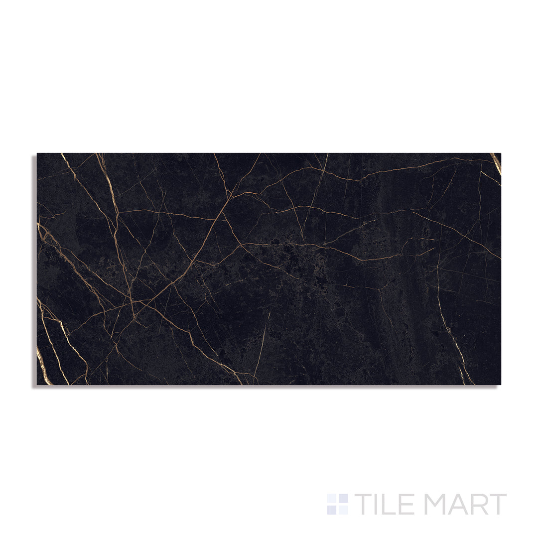 Top-down view of Supreme Evo Noir Laurent 24x48 polished porcelain tile, boasting deep black tones accented by dramatic golden veining.