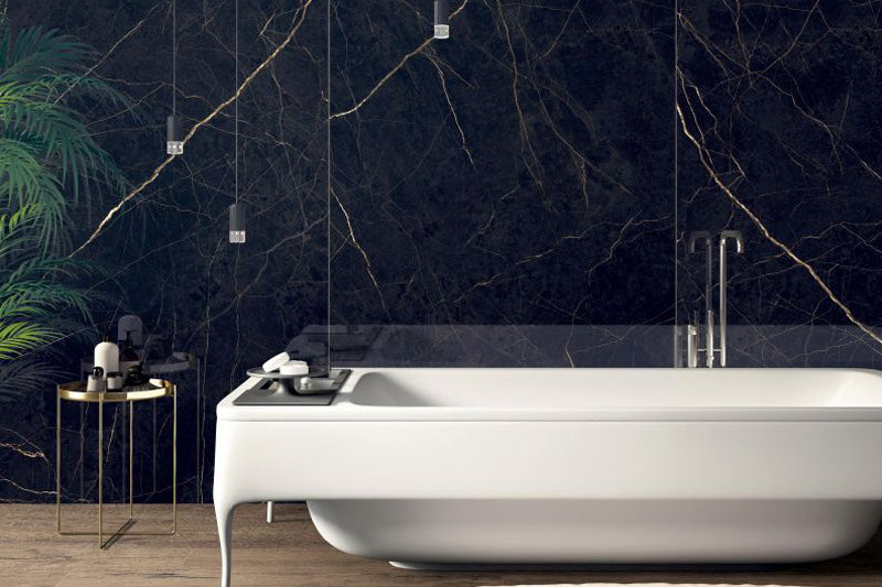A bold and dramatic ambiance showcasing Supreme Evo Noir Laurent 24X48 Polished Porcelain, exuding luxurious depth with its rich black surface and striking veining.