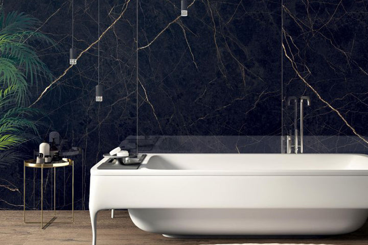 A bold and dramatic ambiance showcasing Supreme Evo Noir Laurent 24X48 Polished Porcelain, exuding luxurious depth with its rich black surface and striking veining.