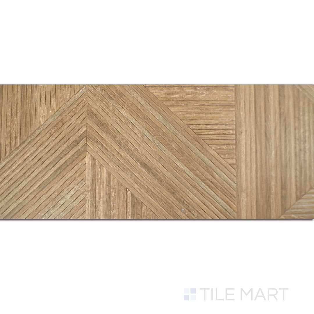 Flat-lay image of Tangram Walnut 12.2x39.37 matte ceramic tile, showcasing rich, natural wood tones with a smooth, matte texture.