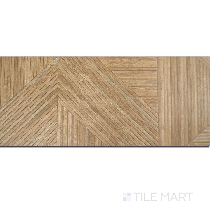 Flat-lay image of Tangram Walnut 12.2x39.37 matte ceramic tile, showcasing rich, natural wood tones with a smooth, matte texture.