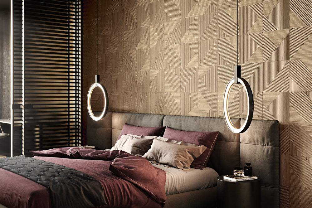 A cozy and organic atmosphere enhanced by Tangram Walnut 12.2X39.37 Matte Ceramic, featuring a deep, wood-like tone for a timeless aesthetic.