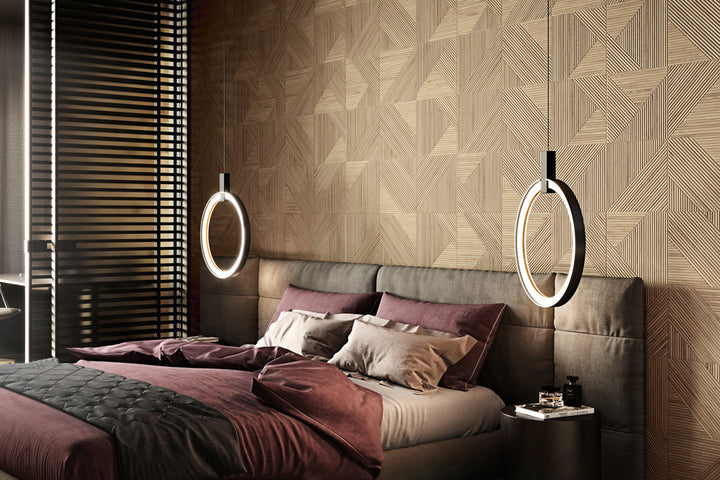 A cozy and organic atmosphere enhanced by Tangram Walnut 12.2X39.37 Matte Ceramic, featuring a deep, wood-like tone for a timeless aesthetic.