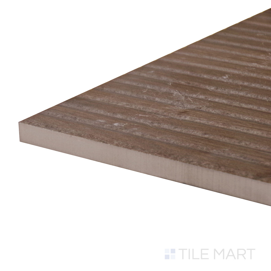 Side perspective of Tangram Coffee 12.2X39.37 Matte Ceramic Tile, showcasing its deep coffee-brown tone with realistic wood grain detailing in a matte finish.