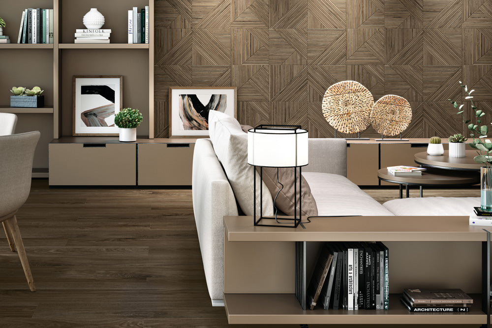 A rich and comforting space styled with Tangram Coffee 12.2X39.37 Matte Ceramic, offering an earthy elegance with its deep brown finish.