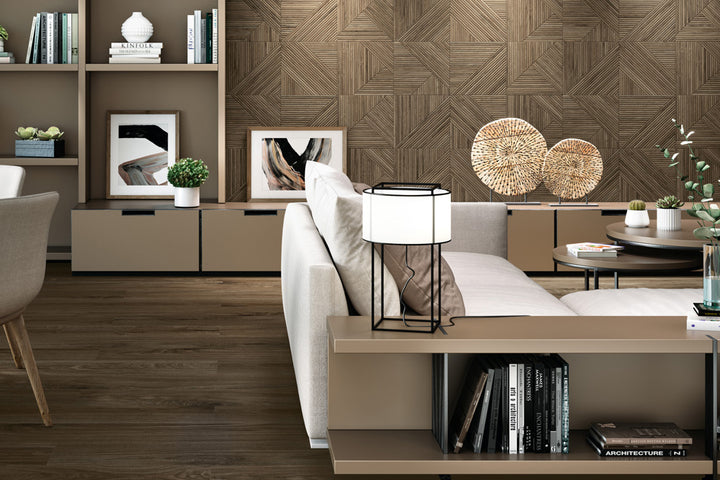 A rich and comforting space styled with Tangram Coffee 12.2X39.37 Matte Ceramic, offering an earthy elegance with its deep brown finish.