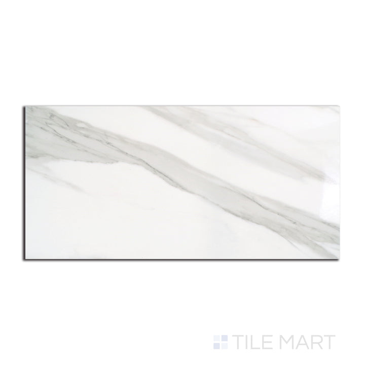 Aerial perspective of Tele Di Marmo Reloaded Calacatta 24X48 matte porcelain tile, offering a large-format design with bold marble-inspired patterns.