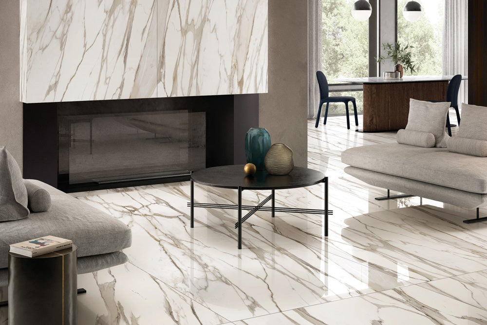 A refined and timeless space featuring Tele Di Marmo Reloaded Calacatta 24X48 Matte Porcelain, delivering classic marble aesthetics with a soft, natural matte finish.