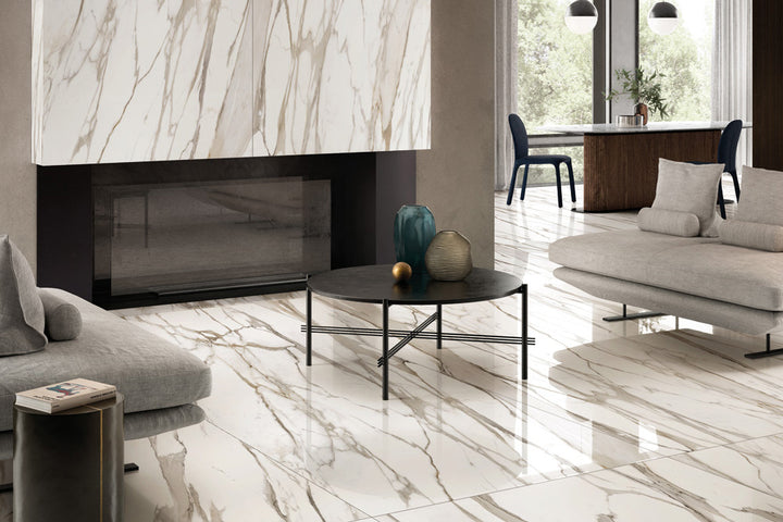 A refined and timeless space featuring Tele Di Marmo Reloaded Calacatta 24X48 Matte Porcelain, delivering classic marble aesthetics with a soft, natural matte finish.