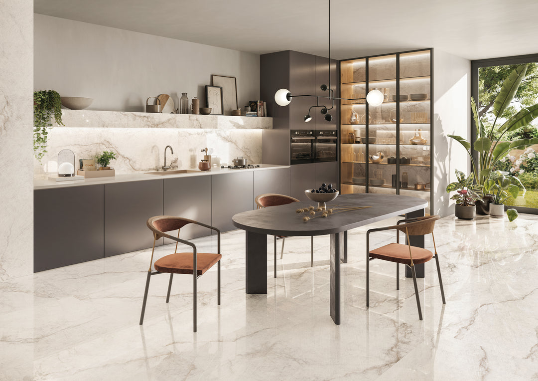 An exquisite and contemporary space featuring Tele Di Marmo Reloaded Quarzo 24X48 Matte Porcelain, offering a sophisticated quartz-inspired texture with a soft, muted finish.