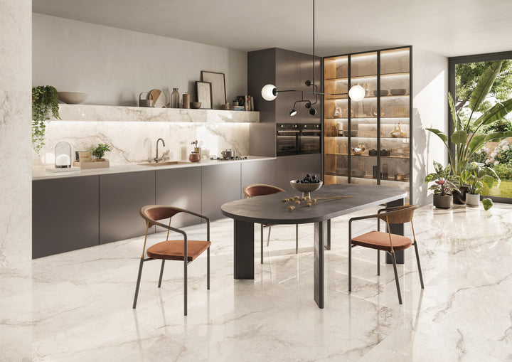 An exquisite and contemporary space featuring Tele Di Marmo Reloaded Quarzo 24X48 Matte Porcelain, offering a sophisticated quartz-inspired texture with a soft, muted finish.